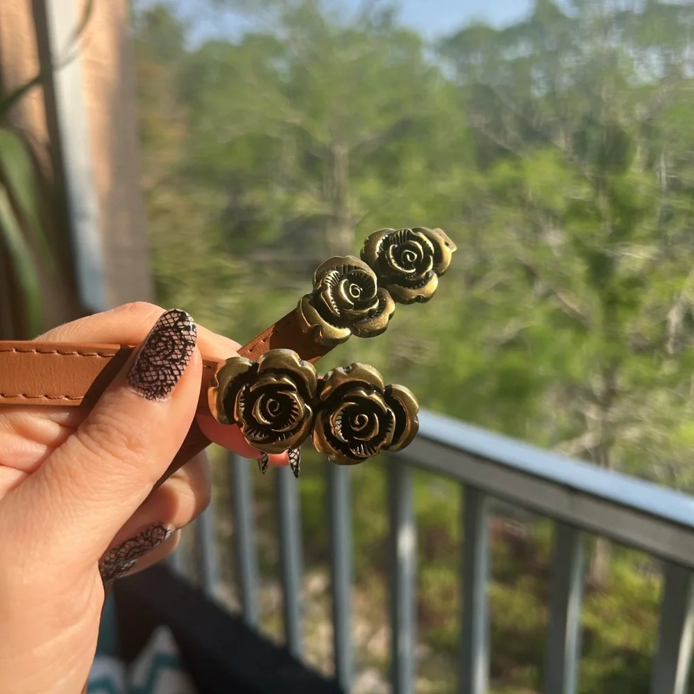 Brown Leather Adjustable Belt with Antique Gold Rose Buckle